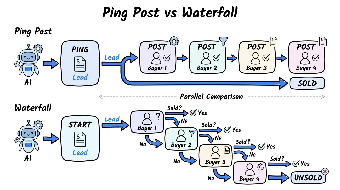 Ping post versus waterfall lead distribution lanes