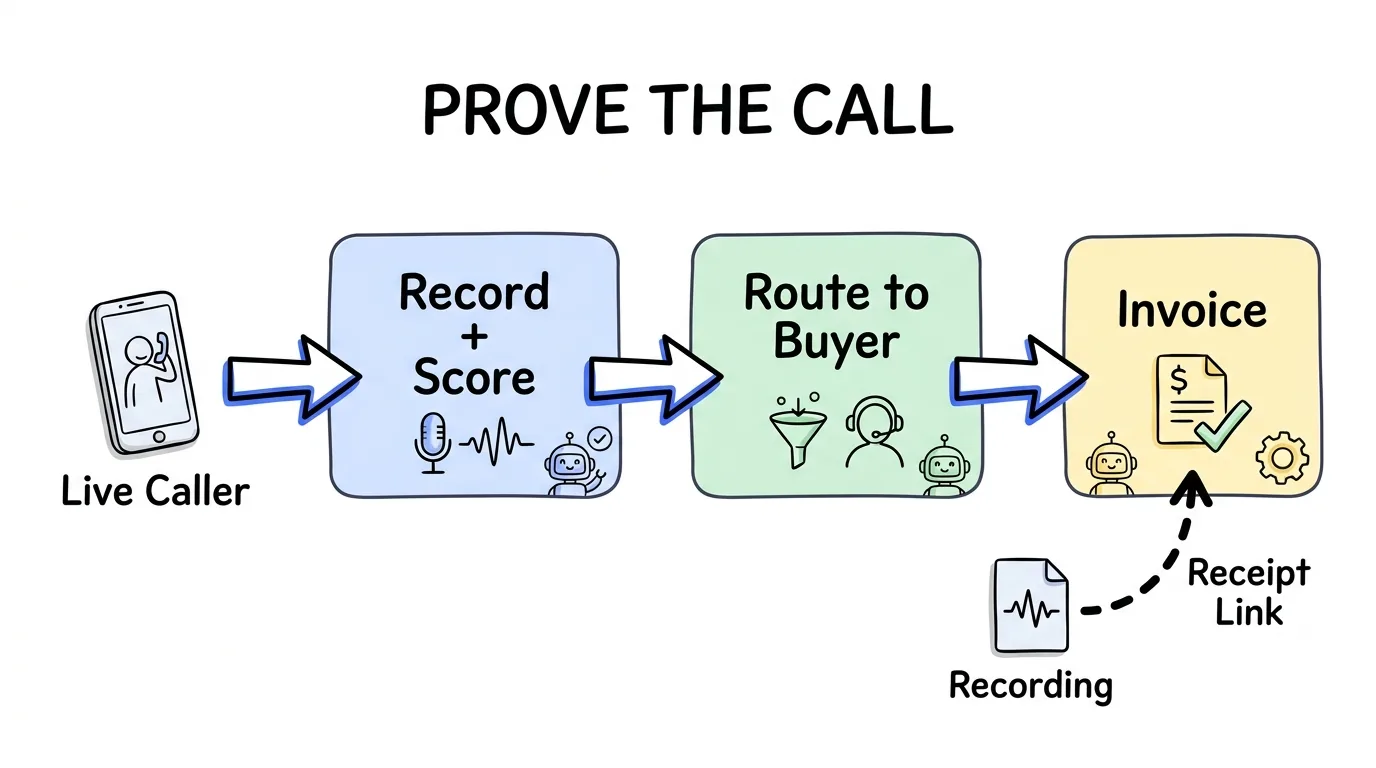 sales call recording software shown through a flow proving a billable call from live caller to recording, routing, and invoice
