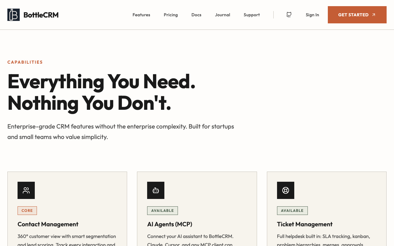 BottleCRM homepage, free open source CRM for startups