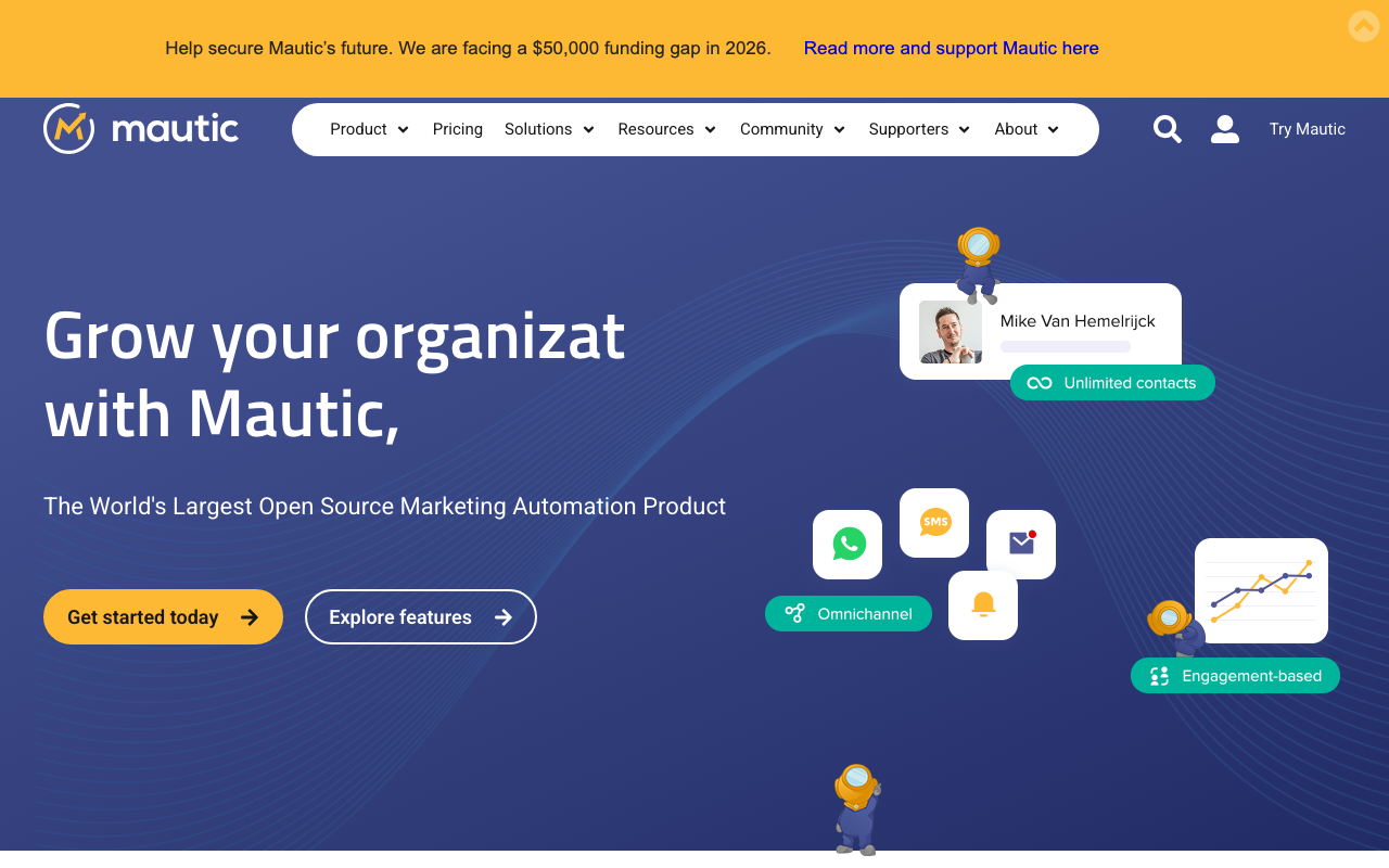 Mautic homepage, open source marketing automation