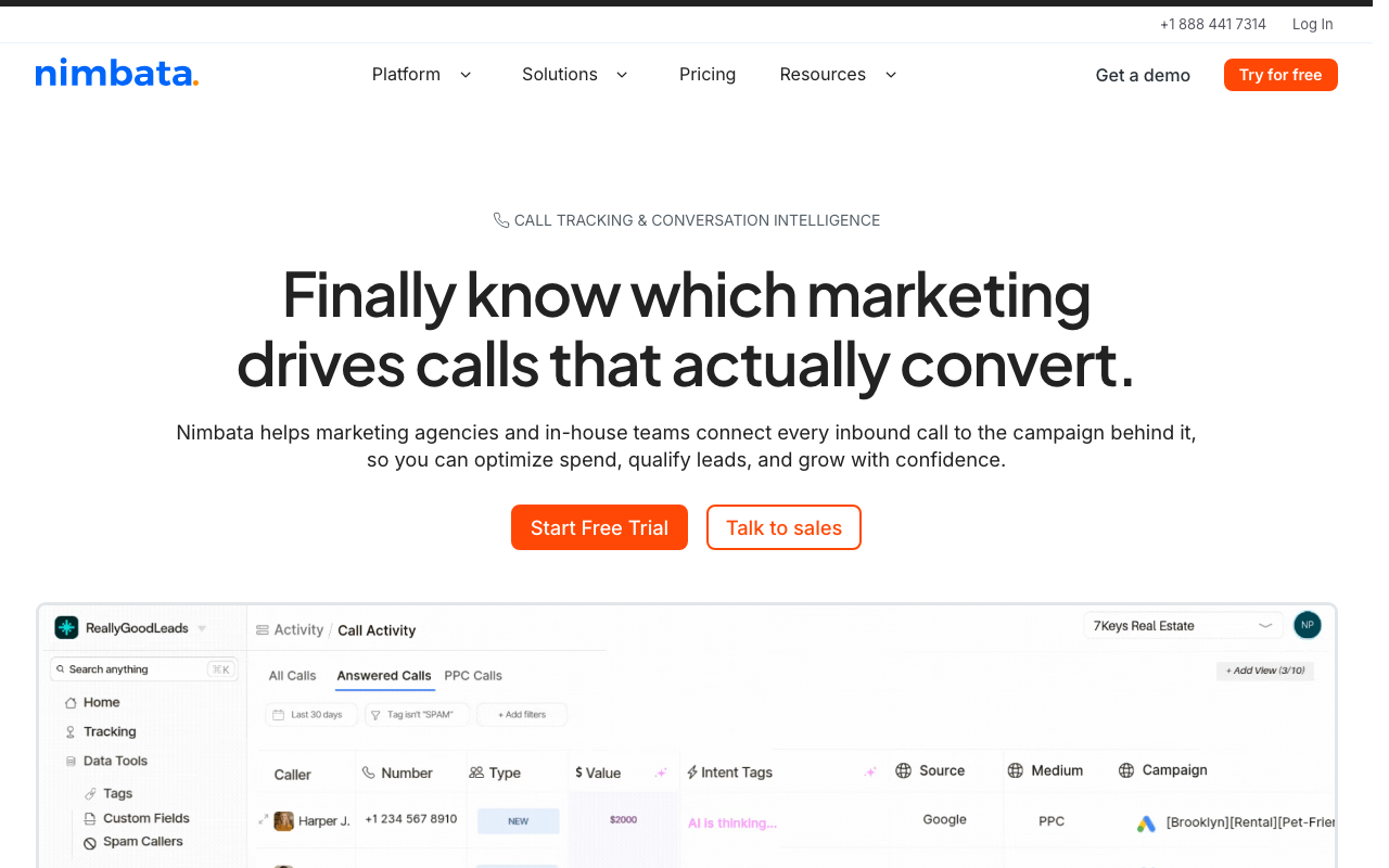 Nimbata homepage, call tracking software for marketers