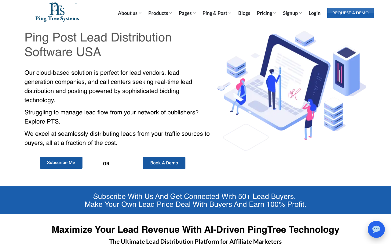 PingTree Systems homepage, ping-post marketplace platform