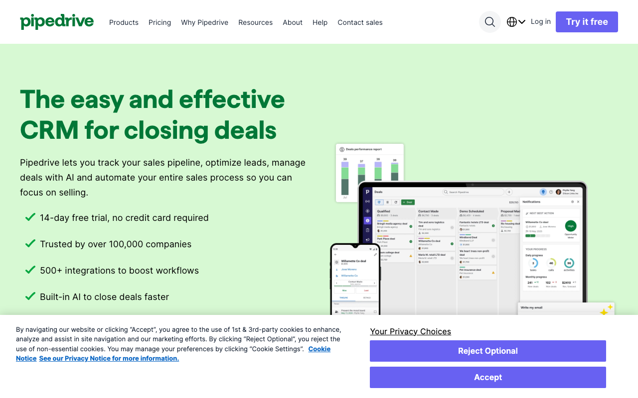 Pipedrive homepage, sales CRM platform