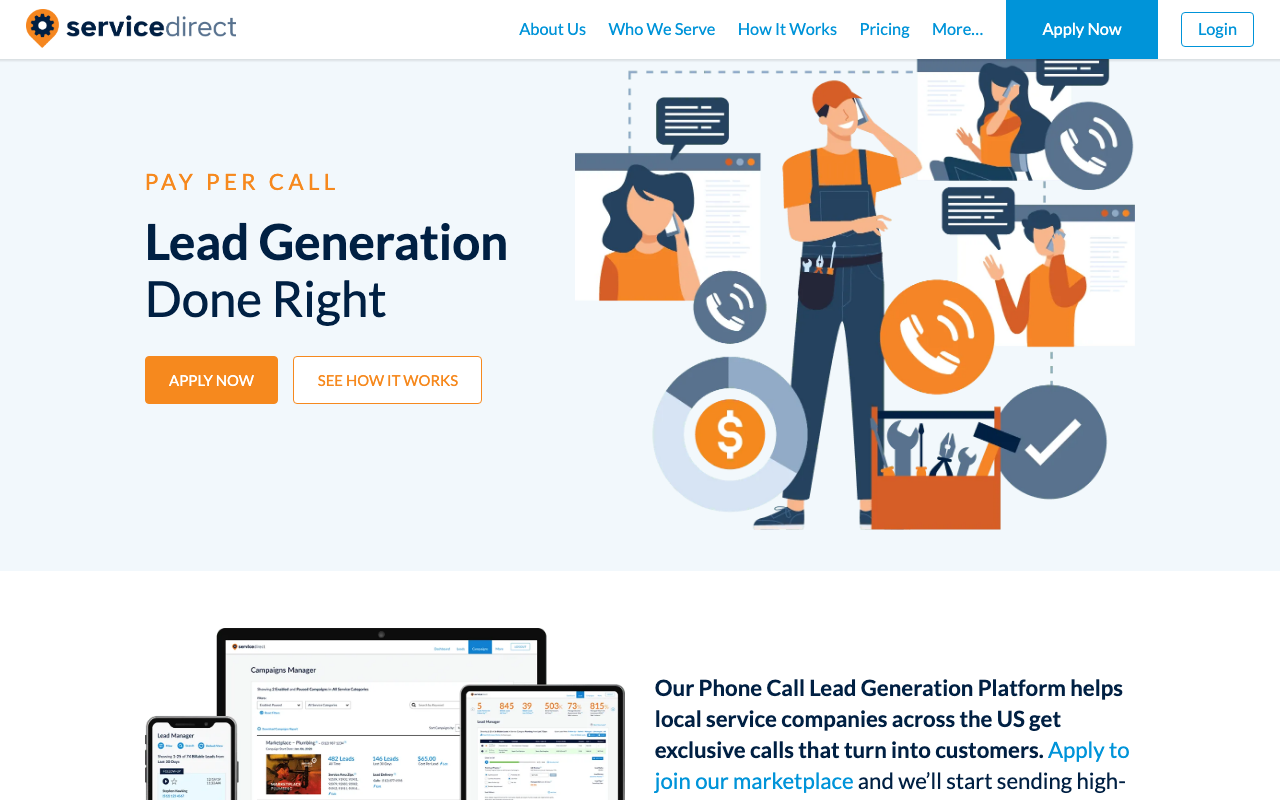 Service Direct homepage, pay-per-lead marketplace