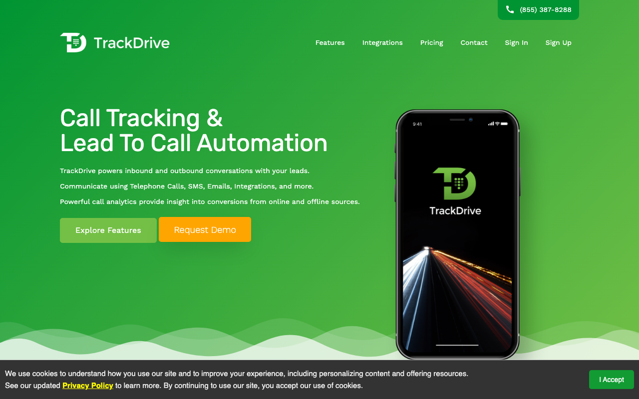 TrackDrive homepage, call tracking and distribution platform