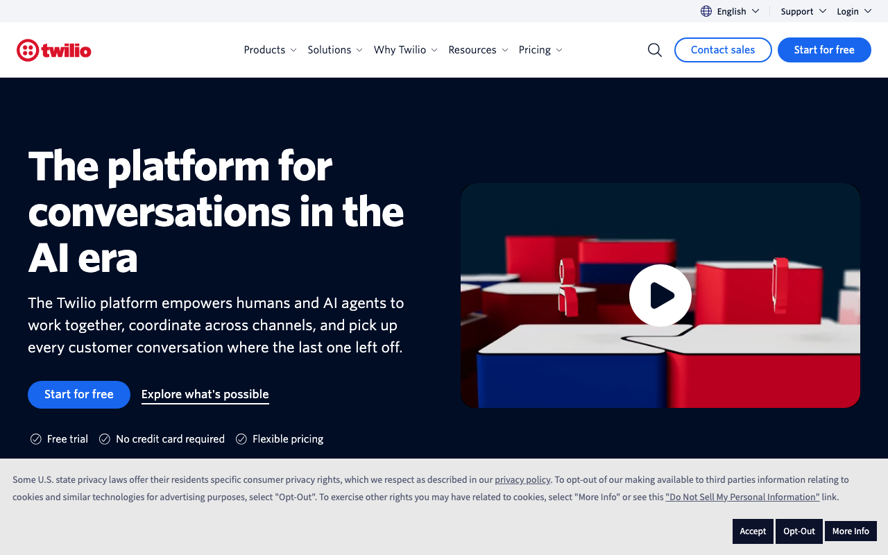 Twilio homepage, programmable voice and SMS platform