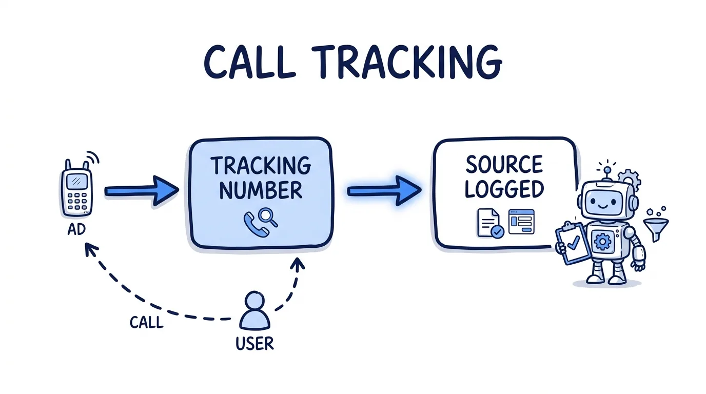 hand-drawn napkin whiteboard diagram in navy and electric-blue (#3b82f6), titled "CALL TRACKING"