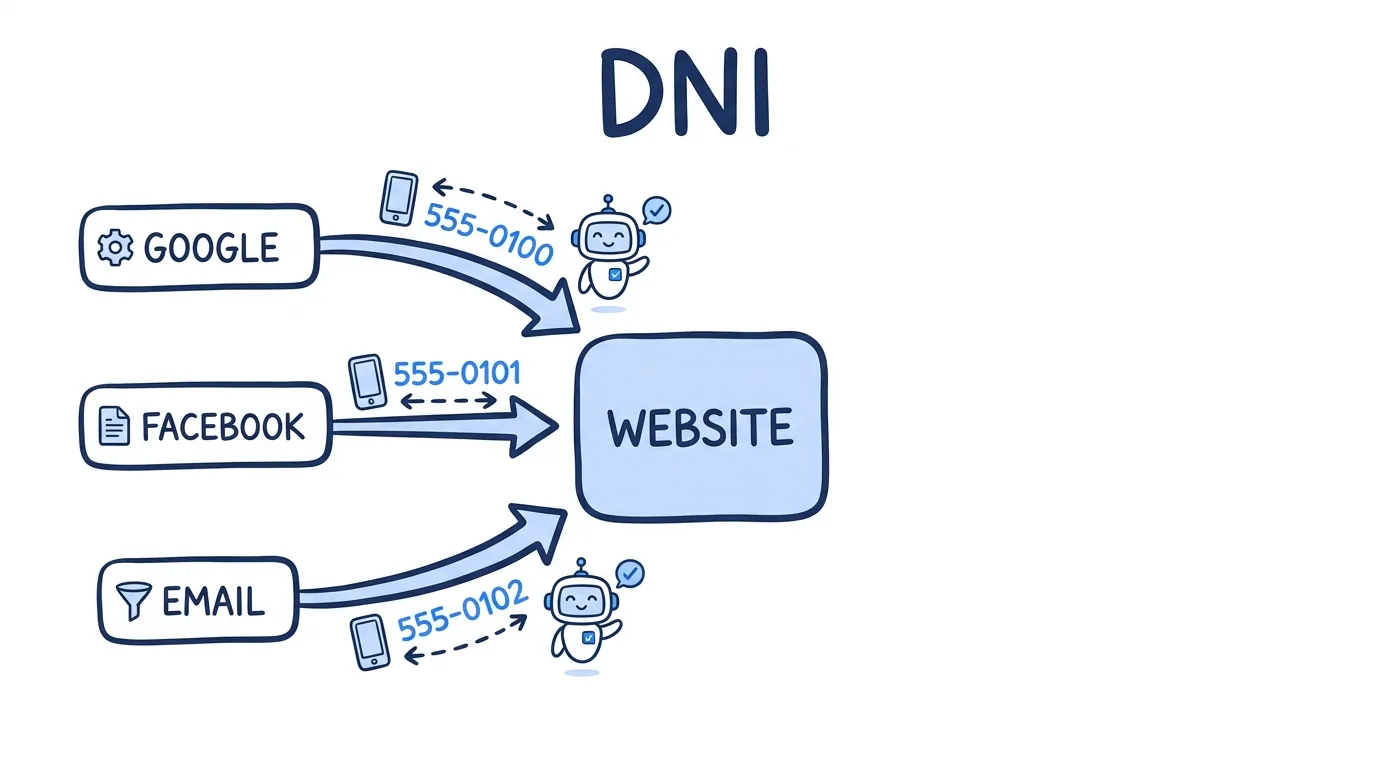hand-drawn napkin whiteboard diagram in navy and electric-blue (#3b82f6), titled "DNI"