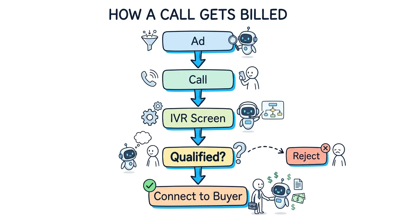 pay per call lead generation shown through a billable call qualification flow