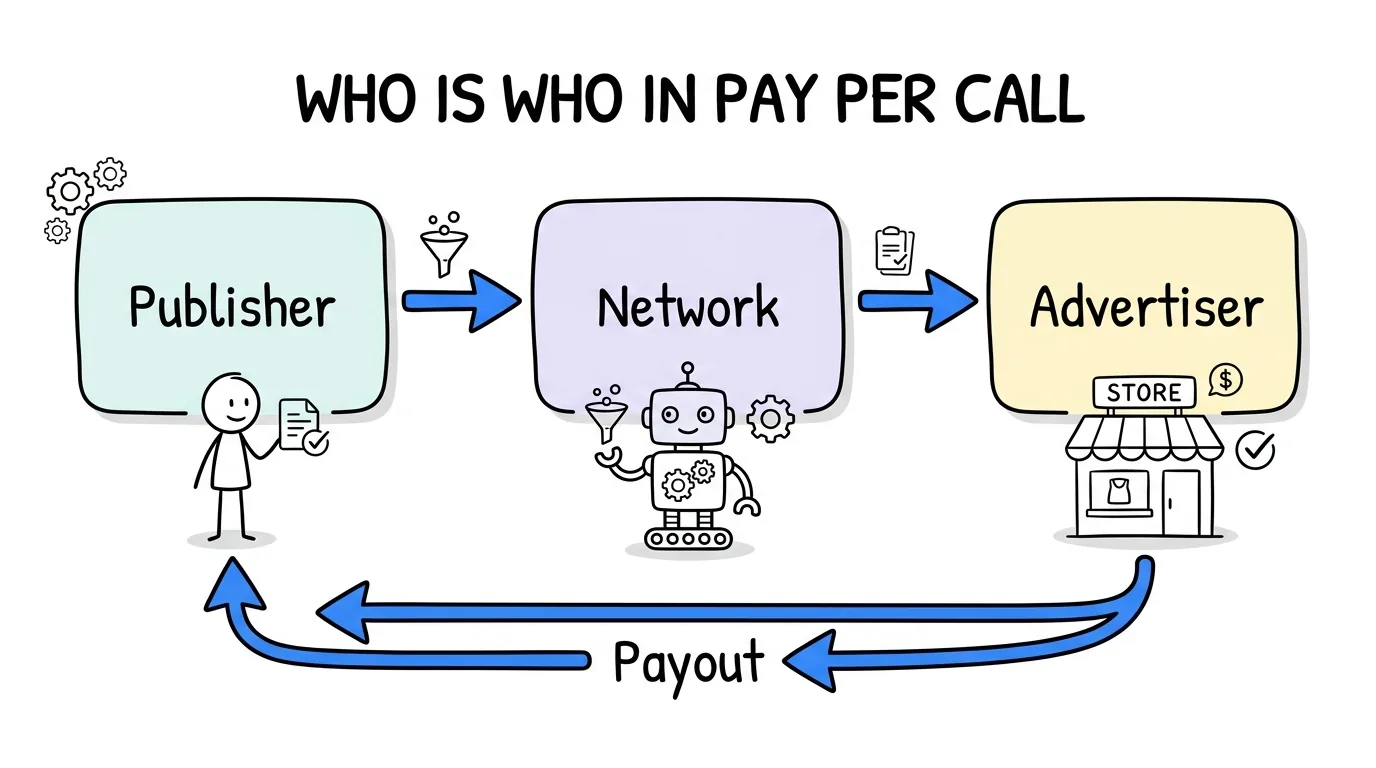 pay per call marketing shown through the publisher network advertiser ecosystem